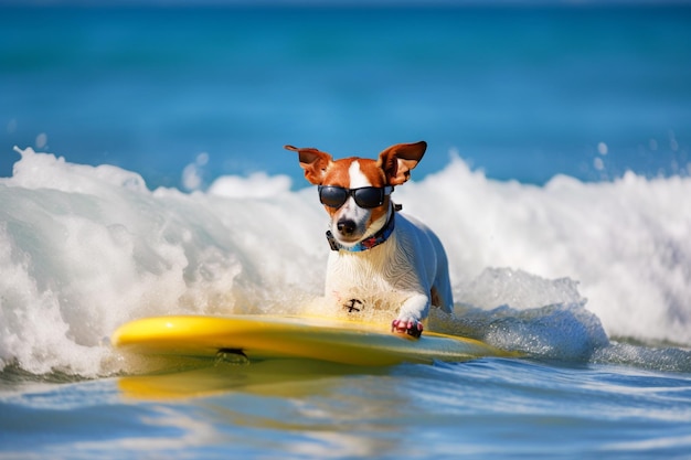 Jack-Russell-Hund, der auf einer Welle surft Sonniger Tag Sommerkonzept AI generative