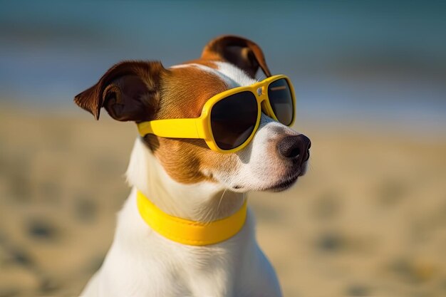 Jack-Russell-Hund mit gelber Sonnenbrille auf einem Strand-KI-Generativ