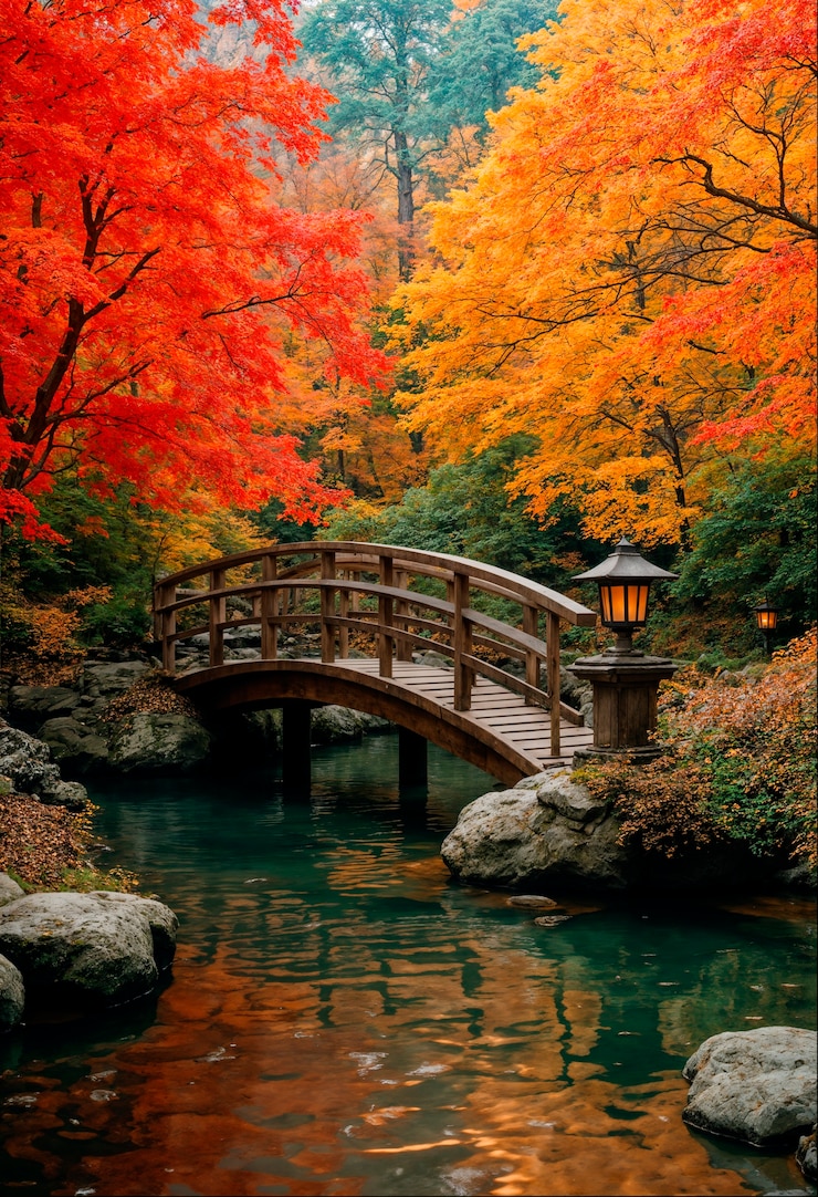 Kostenlose Foto japanische brücke über den see im herbst