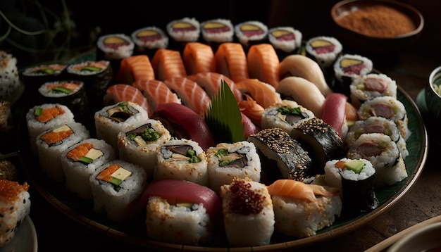 Japanische Gourmet-Mahlzeit Sashimi Nigiri Maki aufgerollt, generiert von KI