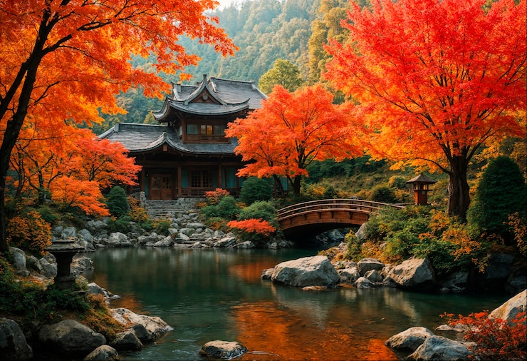 Kostenlose Foto japanischer tempel neben dem see im herbst