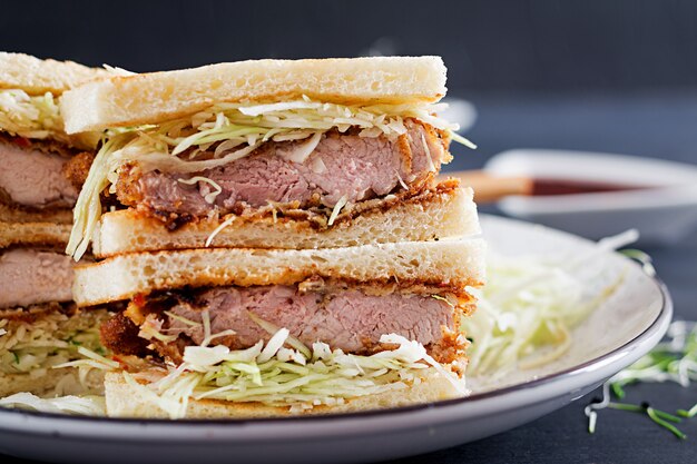japanisches Sandwich mit paniertem Schweinekotelett, Kohl und Tonkatsu-Sauce.