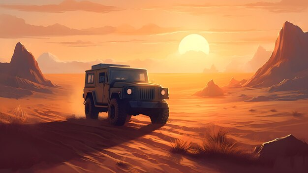 Jeep-Auto in der Wüstenillustration