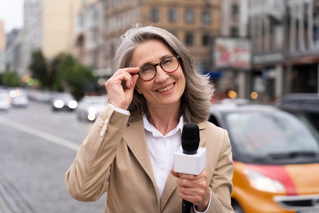 Journalistin, die die Nachrichten erzählt