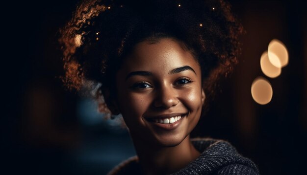 Junge afroamerikanische Frau lächelt drinnen selbstbewusst, erzeugt durch KI