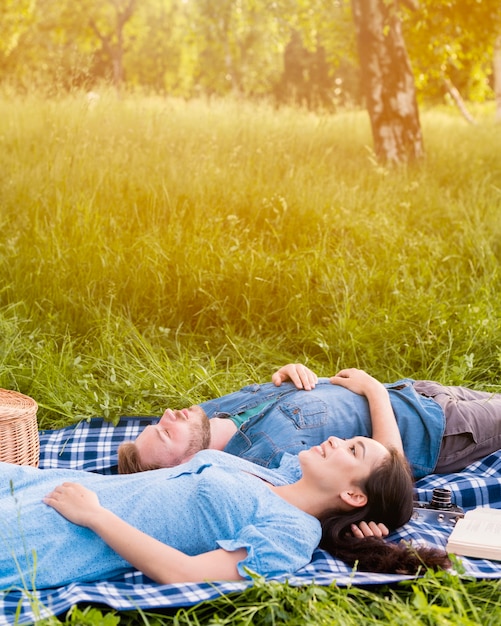 Junge attraktive Paare, die auf Picknick in der Natur sich entspannen
