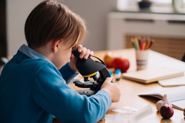 Junge der ersten Klasse, der zu Hause unter Verwendung des Mikroskops studiert