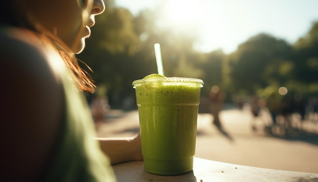 Junge erwachsene Frau genießt frischen Obst-Smoothie im Freien, der von KI erzeugt wird