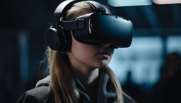 Kostenloses Foto junge erwachsene frau genießt futuristischen virtual-reality-simulator, der von ki generiert wird