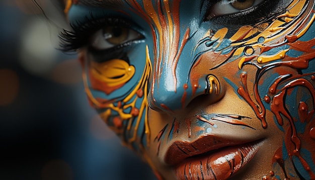 Junge erwachsene Frau mit leuchtend blauem Augen-Make-up und glänzender Goldverzierung, erzeugt durch künstliche Intelligenz
