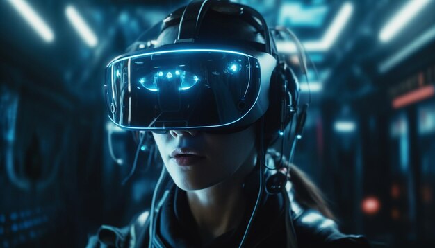 Junge erwachsene Frau trägt futuristisches VR-Headset in einem von KI erzeugten dunklen Raum