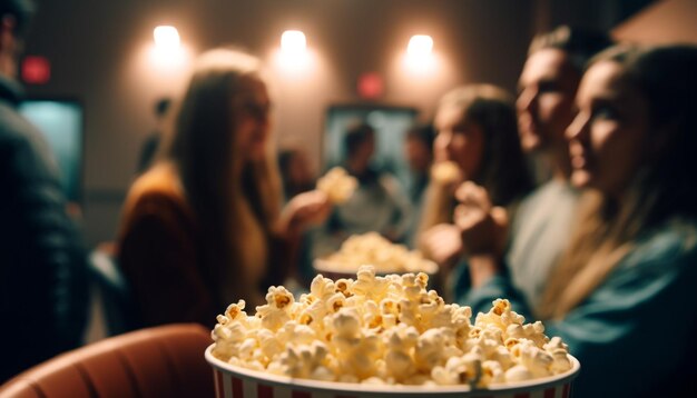 Junge Erwachsene genießen gemeinsam von KI generierte Kinosnacks