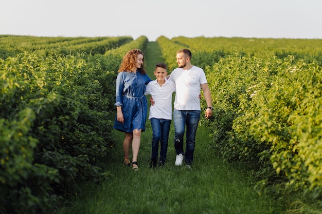 Junge familie, die beim gehen im garten schaut