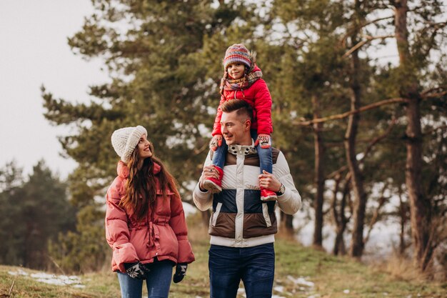 Junge Familie, die zusammen in Wald zur Winterzeit geht