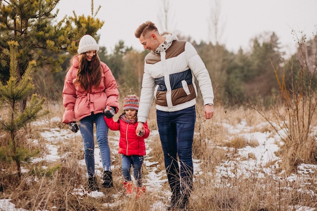 Junge Familie, die zusammen in Wald zur Winterzeit geht