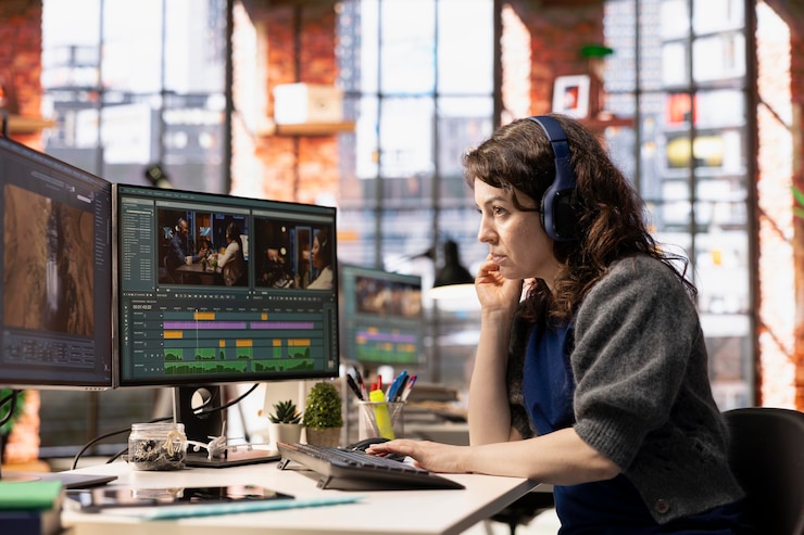 Kostenlose Foto junge filmemacherin arbeitet an der video-postproduktion