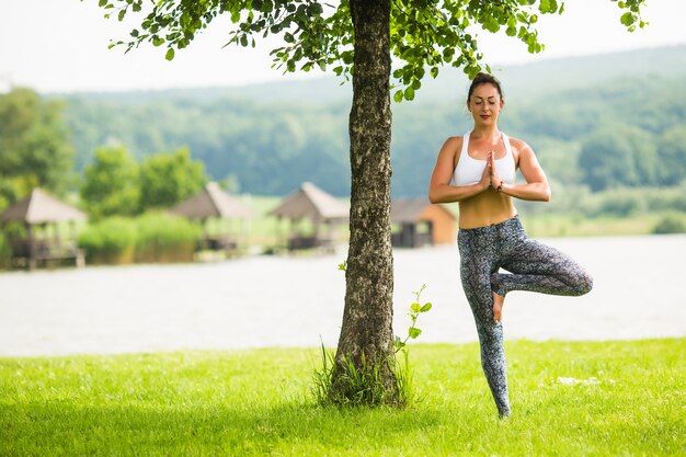 Junge fitte Frau, die Yoga im Park nahe See und Baum tut