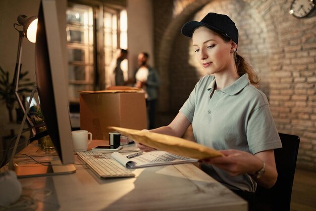 Junge Frau bereitet Paket für die Lieferung vor, während sie an ihrem Schreibtisch im Büro arbeitet