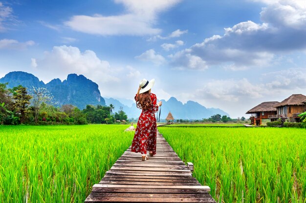 Junge Frau, die auf hölzernem Weg mit grünem Reisfeld in Vang Vieng, Laos geht.