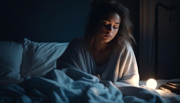 Junge Frau, die sich in einem dunklen, einsamen Schlafzimmer ausruht, generative KI