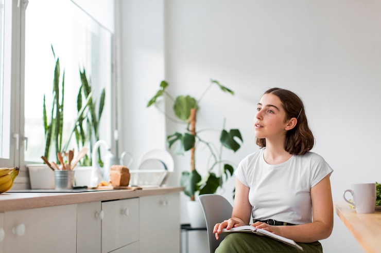 Kostenlose Foto junge frau, die zu hause entspannt
