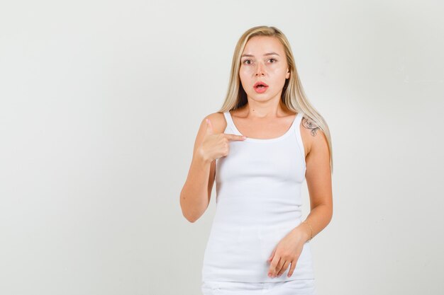 Junge Frau im Unterhemd, Minirock, der Finger auf sich selbst zeigt und verwirrt schaut