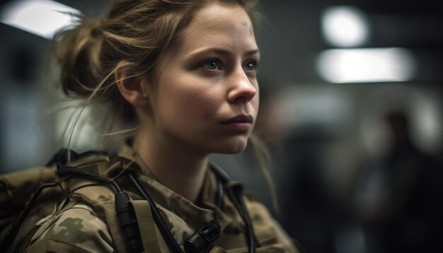 Junge Frau in Militäruniform strahlt Vertrauen aus, das durch KI erzeugt wird