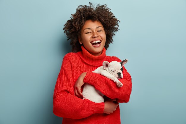 Junge Frau mit Afro-Haarschnitt, der kleinen Hund hält