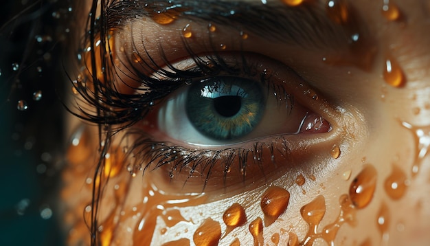 Junge Frau mit blauen Augen, die in die Kamera schaut, nass und glänzend, erzeugt von künstlicher Intelligenz