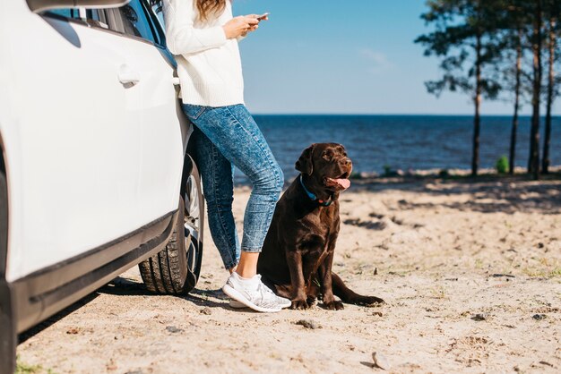 Junge Frau mit ihrem Hund am Strand