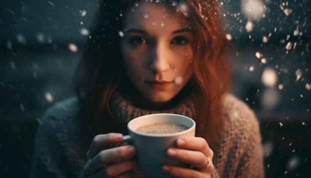 Junge Frau mit Kaffeetasse, die im Freien lächelt, generiert von KI