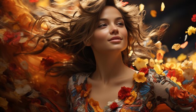 Junge Frau mit langen braunen Haaren genießt den durch künstliche Intelligenz erzeugten Herbst im Freien
