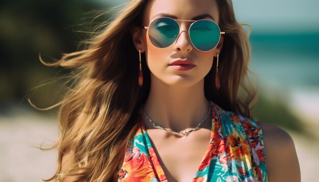 Junge Frau mit Sonnenbrille strahlt durch KI erzeugte sommerliche Eleganz aus