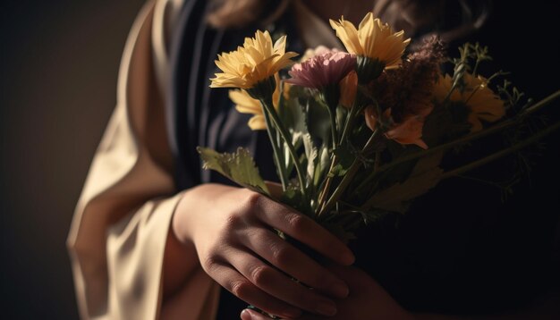 Junge Frau mit Strauß gelber Gänseblümchen, generiert von KI