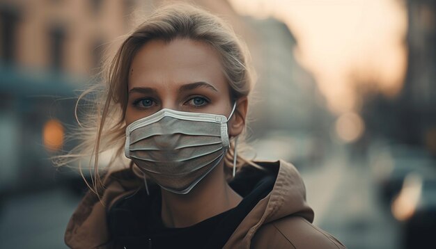 Junge Frau trägt im Freien eine Arbeitsmaske und lächelt selbstbewusst, generiert von KI