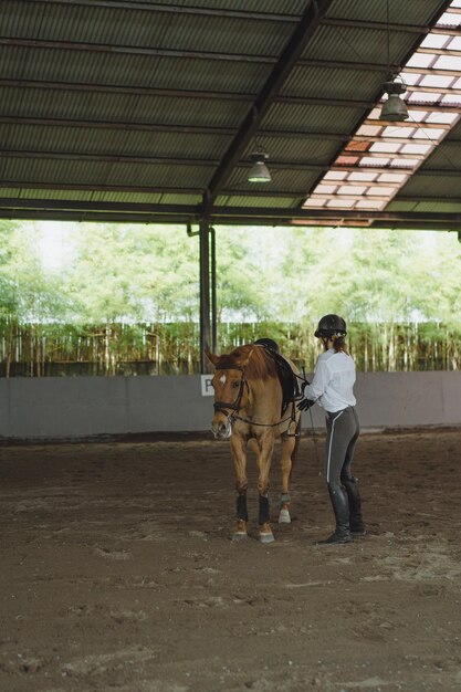 Junge Frau trainiert beim Reiten in der Arena. Junge kaukasische Frau in formeller Kleidung, die über die sandige Arena reitet. Ein reinrassiges Pferd für den Reitsport. Die Sportlerin auf einem Pferd