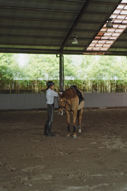 Junge Frau trainiert beim Reiten in der Arena. Junge kaukasische Frau in formeller Kleidung, die über die sandige Arena reitet. Ein reinrassiges Pferd für den Reitsport. Die Sportlerin auf einem Pferd