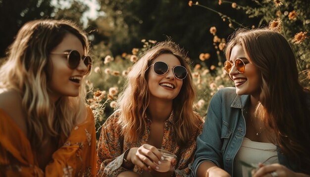 Junge Frauen mit Sonnenbrille genießen die von KI generierte Herbstwaldparty