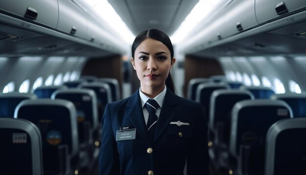 Junge Geschäftsfrau lächelt selbstbewusst in einem Verkehrsflugzeug mit Kabinenpersonal, das von KI generiert wird