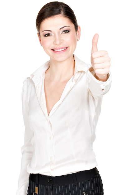 Junge glückliche Frau mit Daumen hoch Zeichen im weißen Bürohemd -.