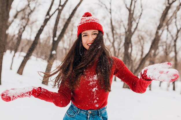 Junge hübsche lächelnde glückliche Frau in den roten Handschuhen und im Hut, die den gestrickten Pullover tragen, der im Park im Schnee, warme Kleidung, Spaß hat und lange Haare winkt