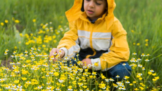 Junge im Regenmantel, der Blumen Vorderansicht pflückt