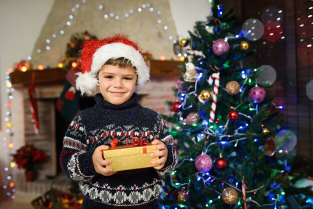Junge in einem Raum verziert für Weihnachten mit einem Geschenk