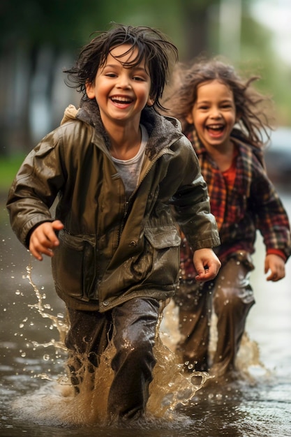 Junge Kinder genießen das Glück der Kindheit, indem sie nach dem Regen in der Pfütze spielen