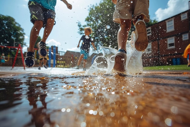 Junge Kinder genießen das Glück der Kindheit, indem sie nach dem Regen in der Pfütze spielen