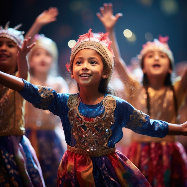 Junge Kinder spielen ein Stück auf der Bühne, um den Welttheatertag zu feiern.