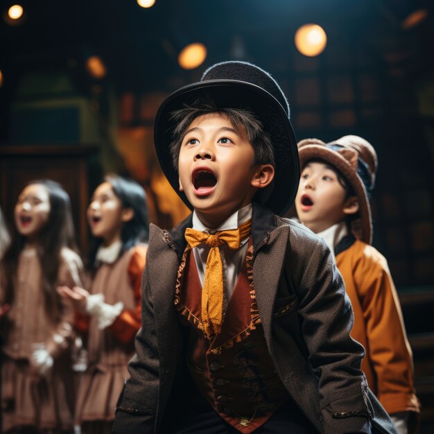 Kostenloses Foto junge kinder spielen ein stück auf der bühne, um den welttheatertag zu feiern.