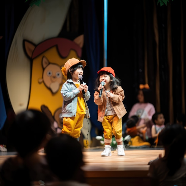 Kostenloses Foto junge kinder spielen ein stück auf der bühne, um den welttheatertag zu feiern.