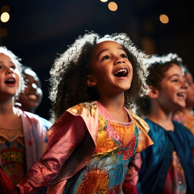 Kostenloses Foto junge kinder spielen ein stück auf der bühne, um den welttheatertag zu feiern.