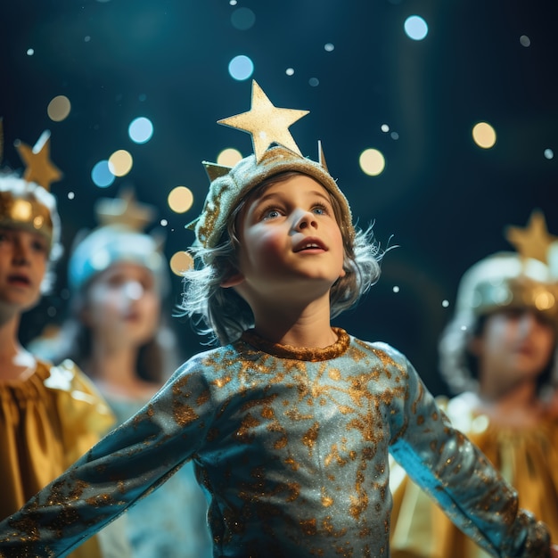 Kostenloses Foto junge kinder spielen ein stück auf der bühne, um den welttheatertag zu feiern.